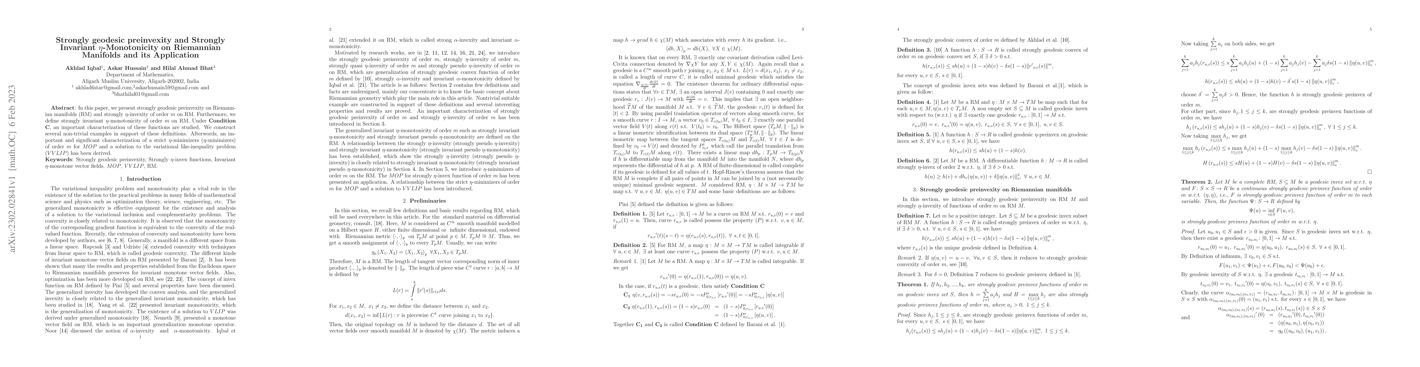 Thumbnail for Strongly geodesic preinvexity and Strongly Invariant {\eta}-Monotonicity
  on Riemannian Manifolds and its Application