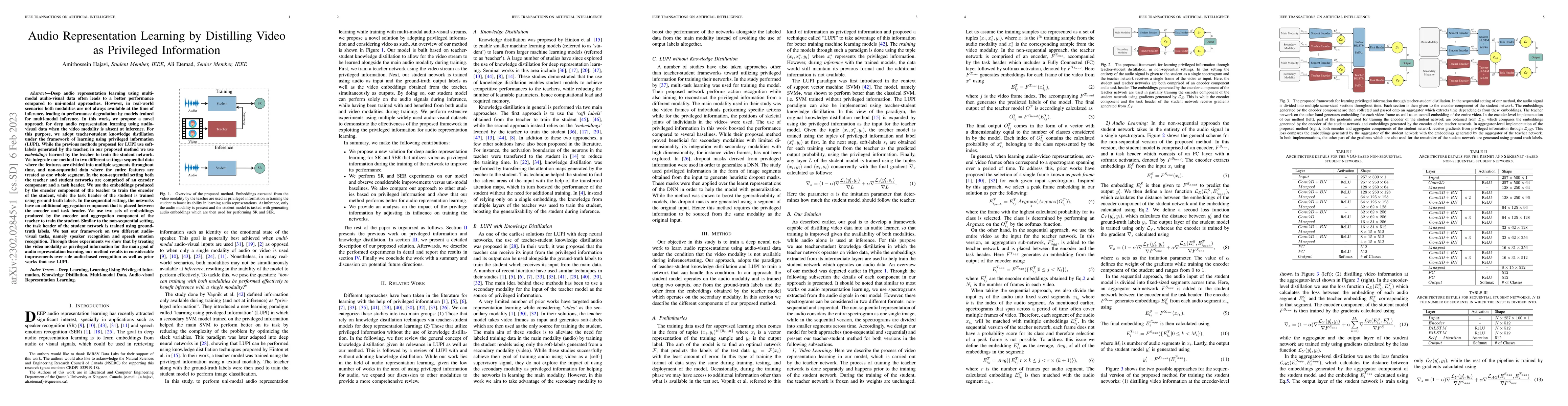 Thumbnail for Audio Representation Learning by Distilling Video as Privileged
  Information