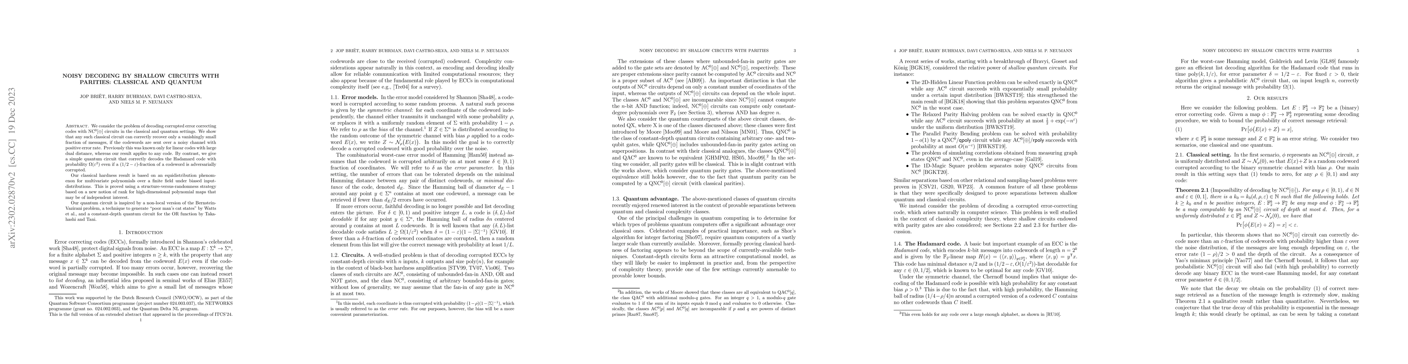 Thumbnail for Noisy decoding by shallow circuits with parities: classical and quantum