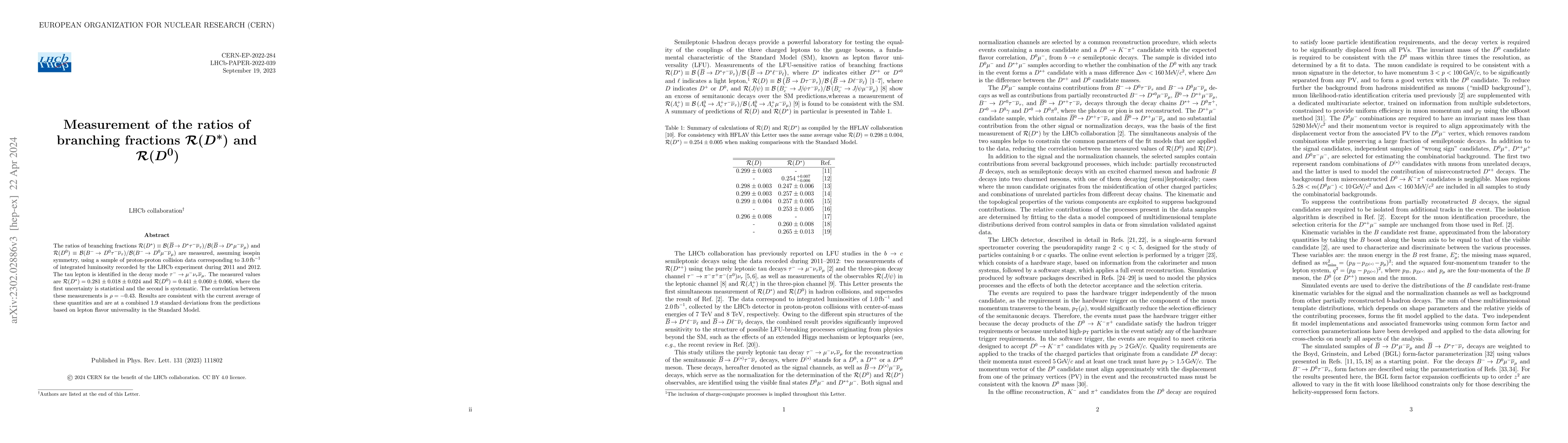 Thumbnail for Measurement of the ratios of branching fractions $\mathcal{R}(D^{*})$
  and $\mathcal{R}(D^{0})$