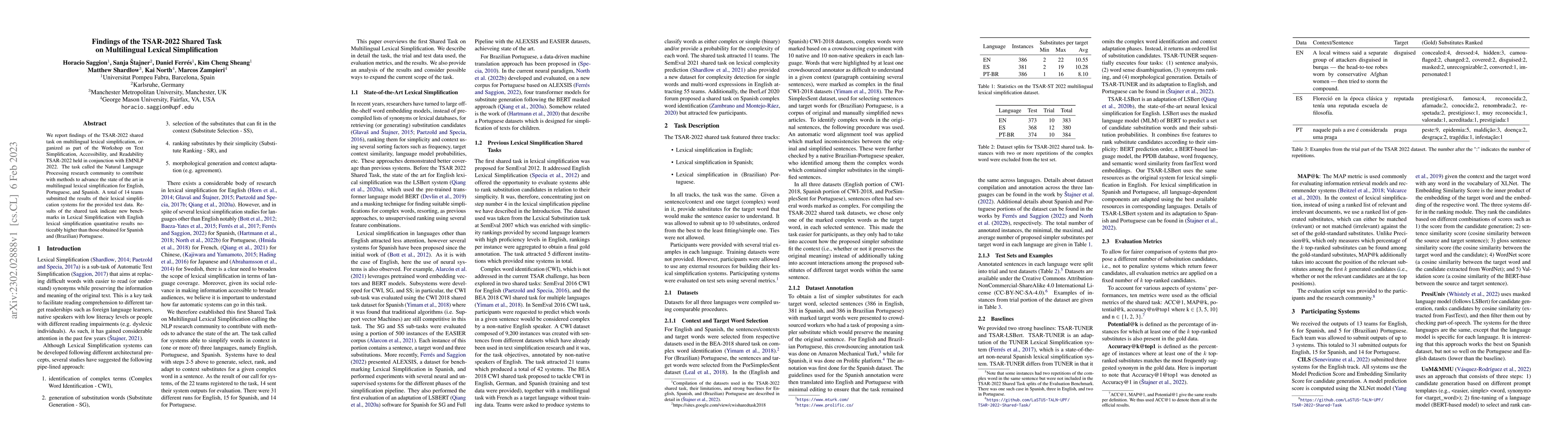 Thumbnail for Findings of the TSAR-2022 Shared Task on Multilingual Lexical
  Simplification