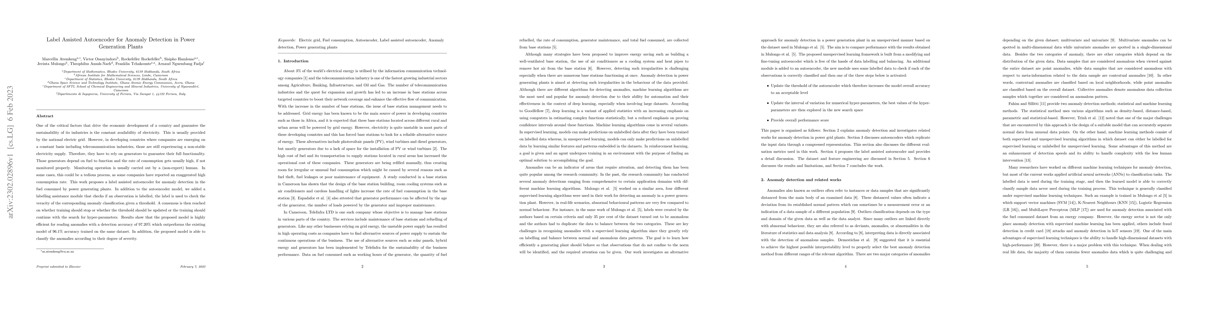Thumbnail for Label Assisted Autoencoder for Anomaly Detection in Power Generation
  Plants