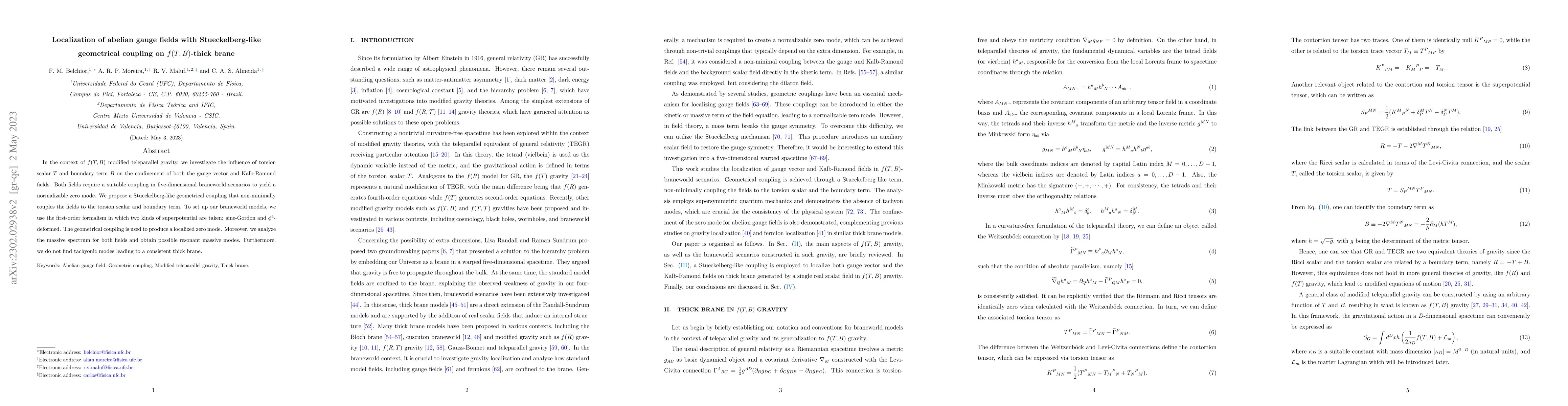 Thumbnail for Localization of abelian gauge fields with Stueckelberg-like geometrical
  coupling on $f(T,B)$-thick brane