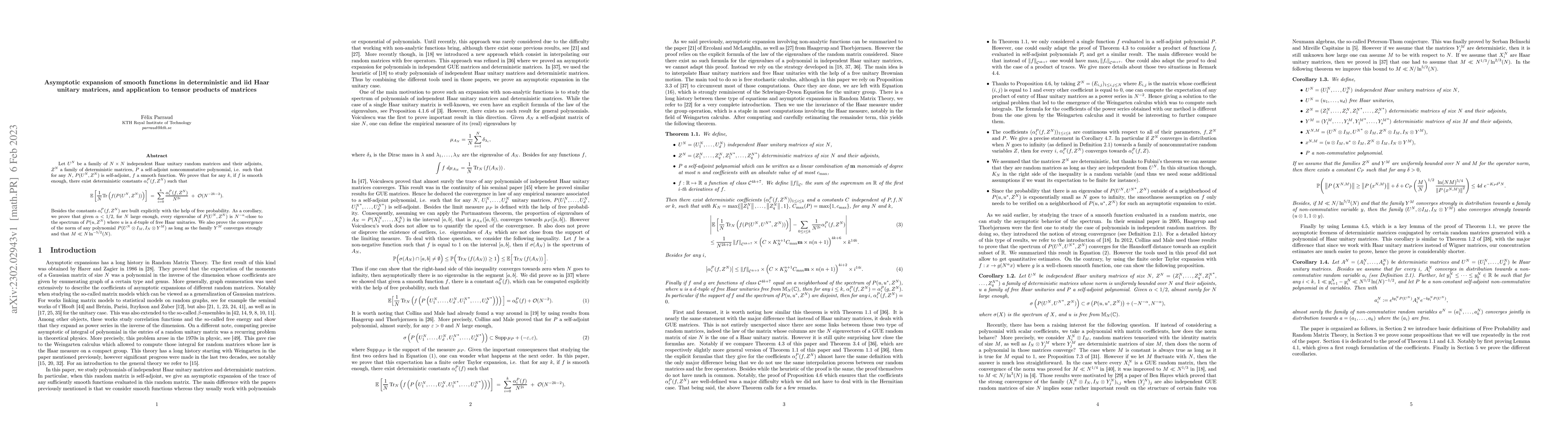 Thumbnail for Asymptotic expansion of smooth functions in deterministic and iid Haar
  unitary matrices, and application to tensor products of matrices