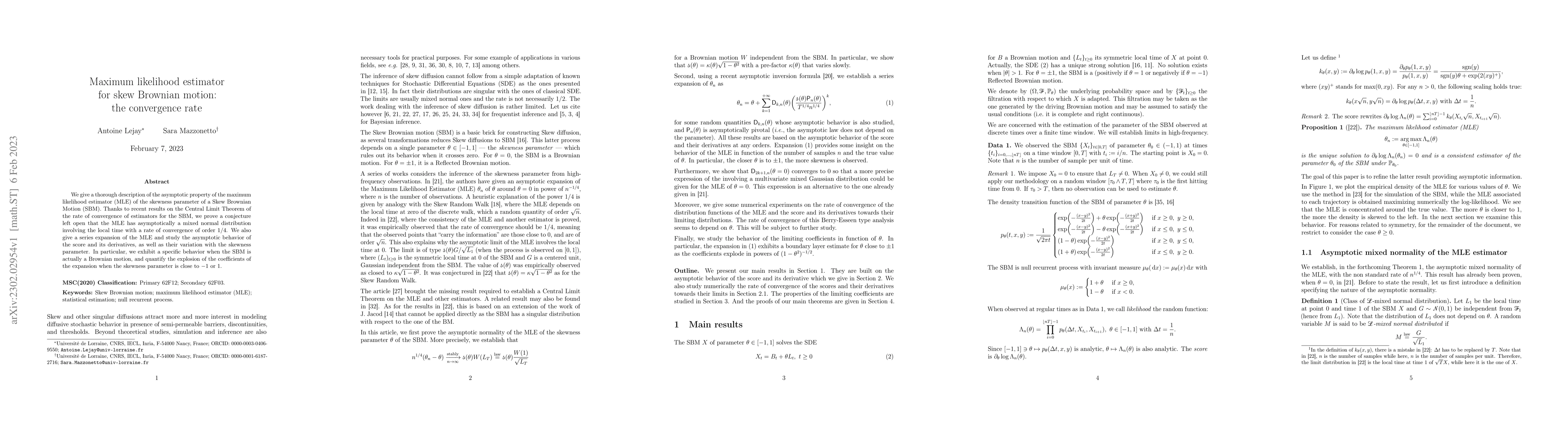 Thumbnail for Maximum likelihood estimator for skew Brownian motion: the convergence
  rate