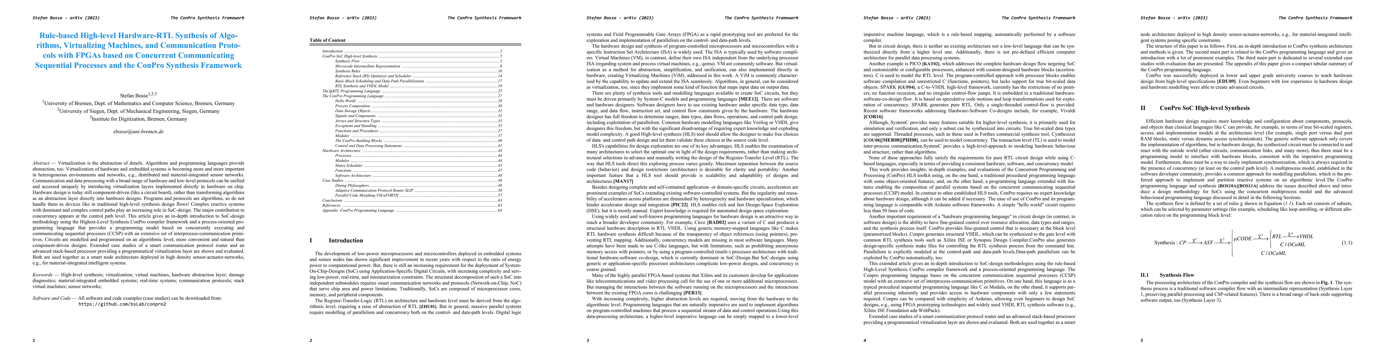 Thumbnail for Rule-based High-level Hardware-RTL Synthesis of Algorithms, Virtualizing
  Machines, and Communication Protocols with FPGAs based on Concurrent
  Communicating Sequential Processes and the ConPro Synthesis Framework
