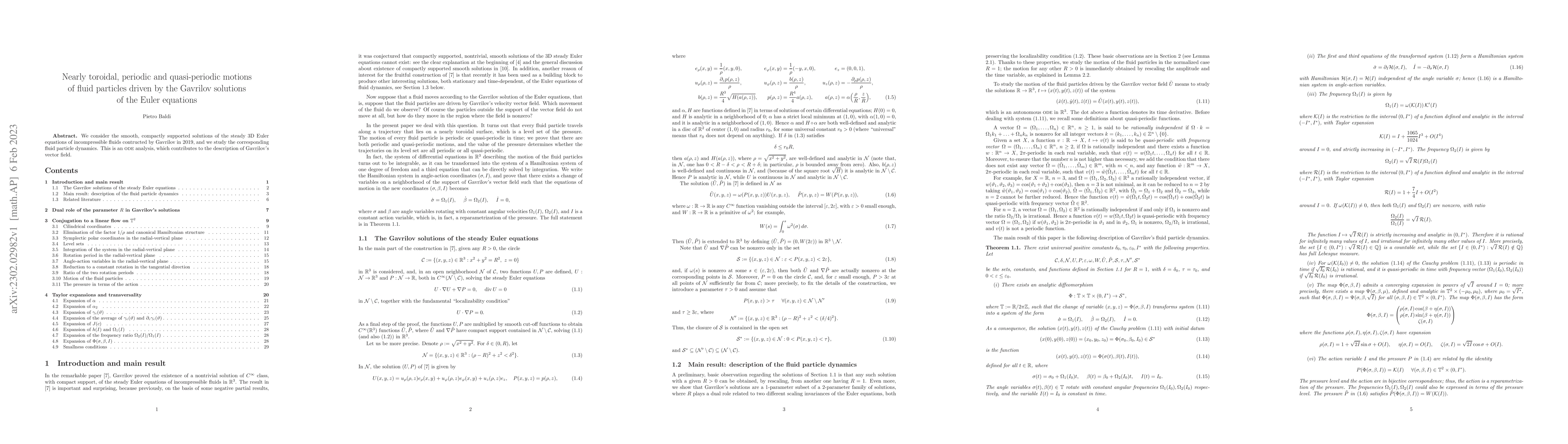 Thumbnail for Nearly toroidal, periodic and quasi-periodic motions of fluid particles
  driven by the Gavrilov solutions of the Euler equations