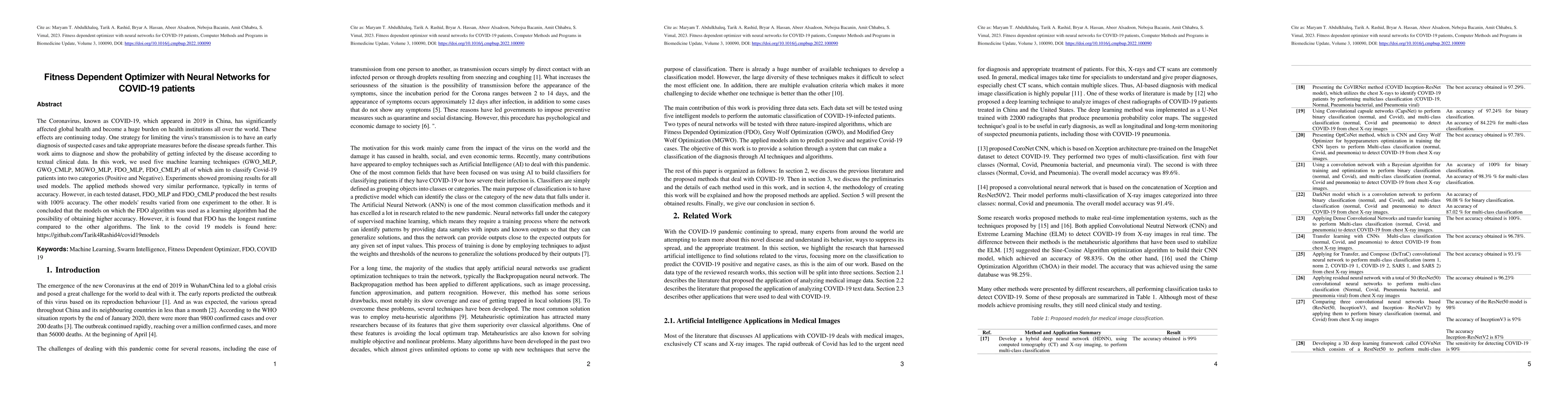 Thumbnail for Fitness Dependent Optimizer with Neural Networks for COVID-19 patients