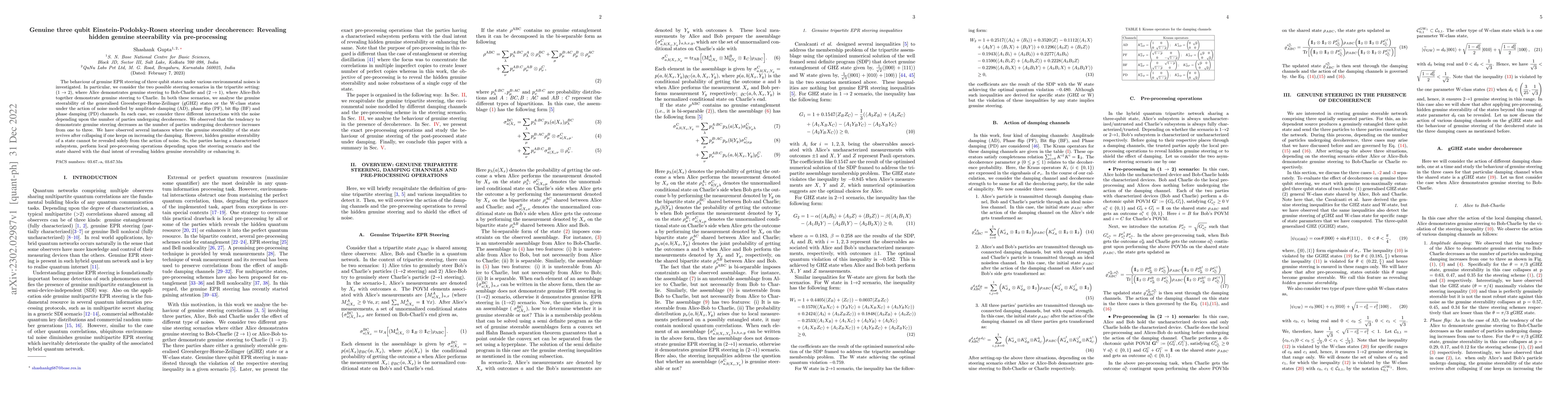 Thumbnail for Genuine three qubit Einstein-Podolsky-Rosen steering under decoherence:
  Revealing hidden genuine steerability via pre-processing