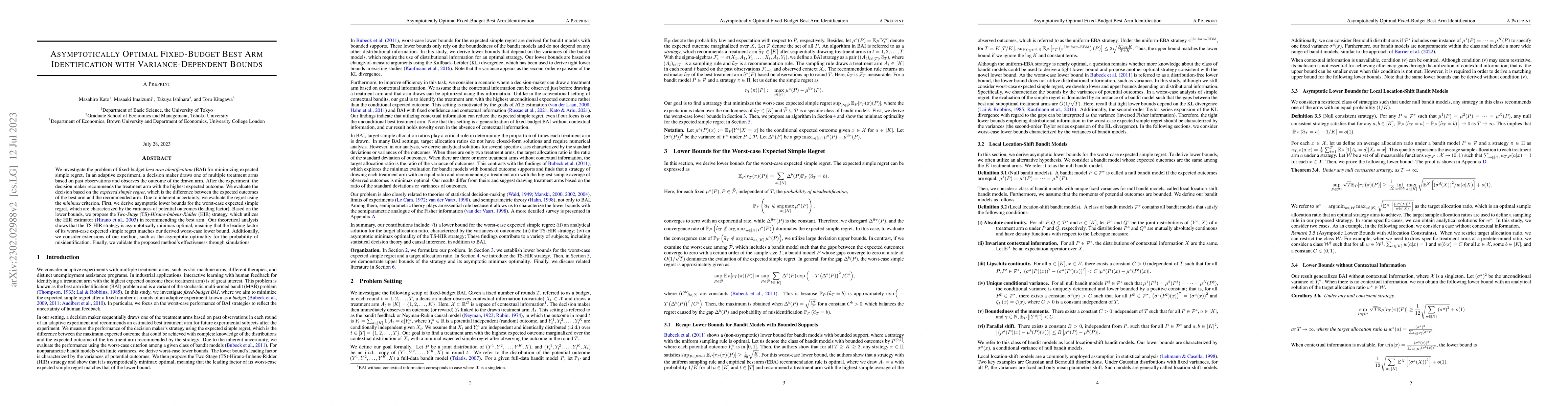 Thumbnail for Asymptotically Optimal Fixed-Budget Best Arm Identification with
  Variance-Dependent Bounds