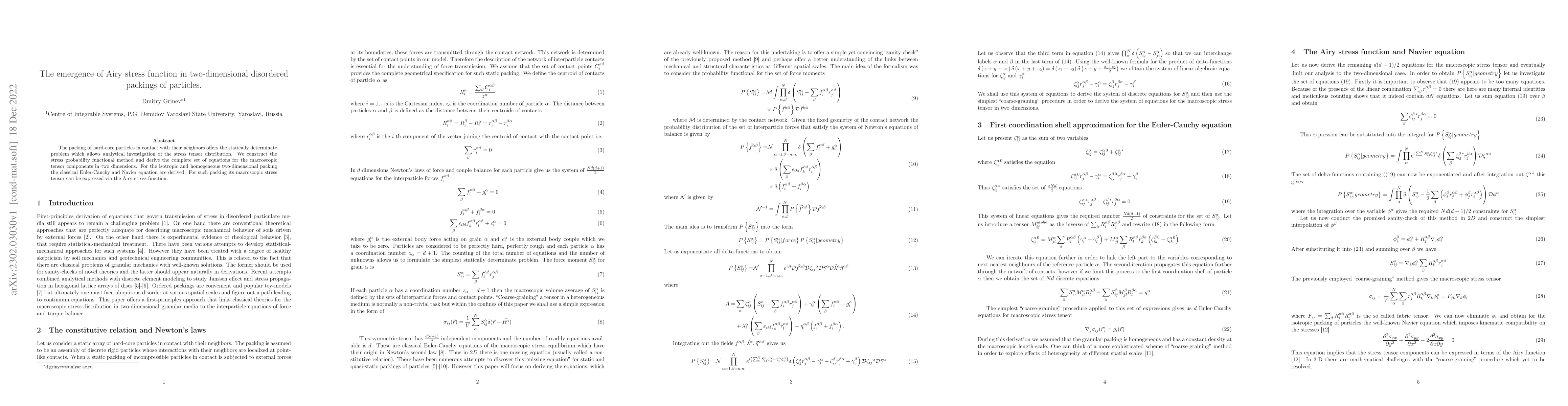Thumbnail for The emergence of Airy stress function in two-dimensional disordered
  packings of particles
