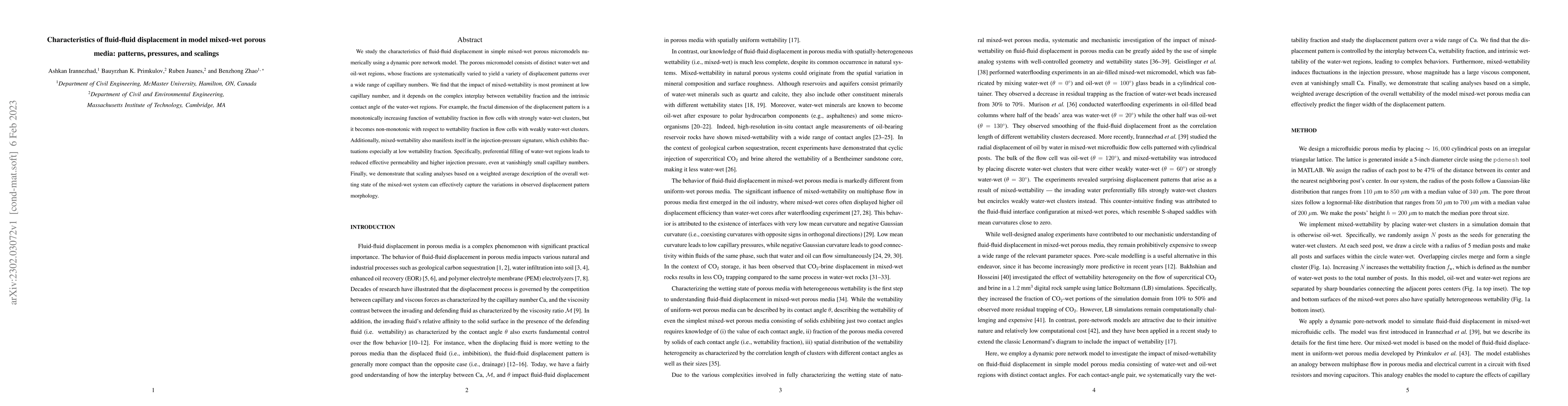Thumbnail for Characteristics of fluid-fluid displacement in model mixed-wet porous
  media: patterns, pressures, and scalings