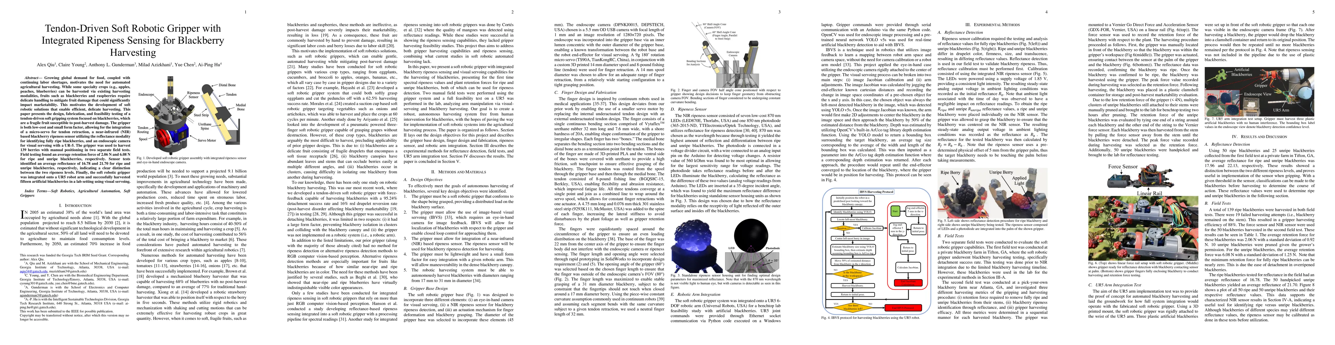 Thumbnail for Tendon-Driven Soft Robotic Gripper with Integrated Ripeness Sensing for
  Blackberry Harvesting