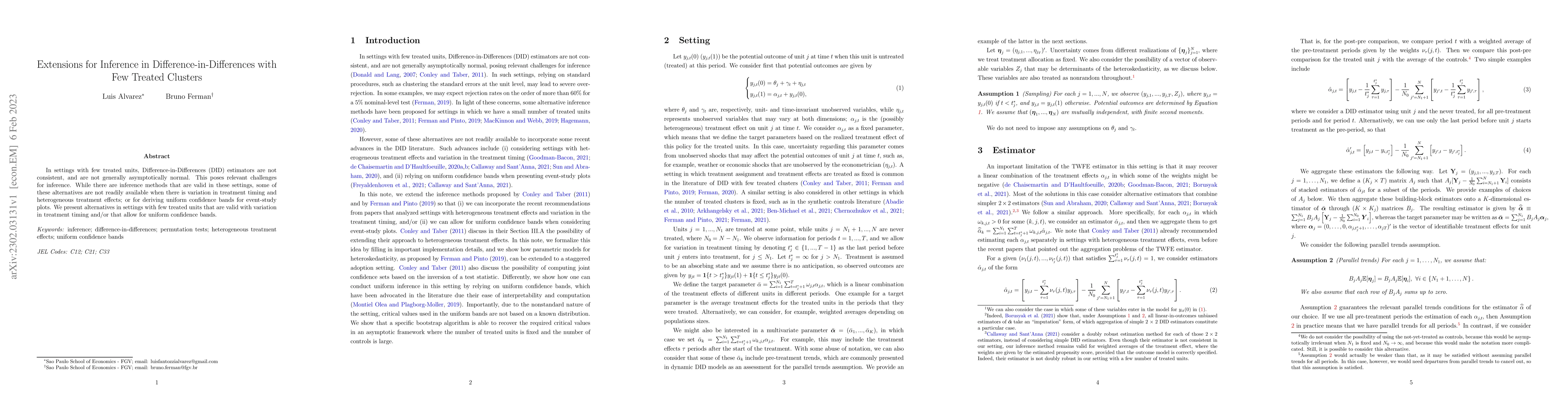 Thumbnail for Extensions for Inference in Difference-in-Differences with Few Treated
  Clusters