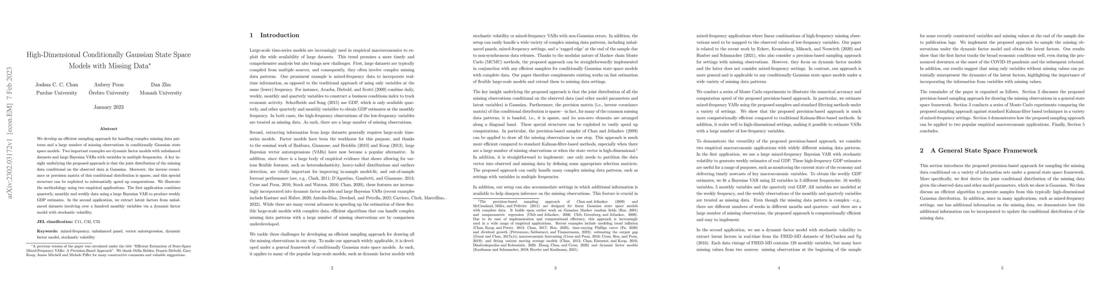Thumbnail for High-Dimensional Conditionally Gaussian State Space Models with Missing
  Data