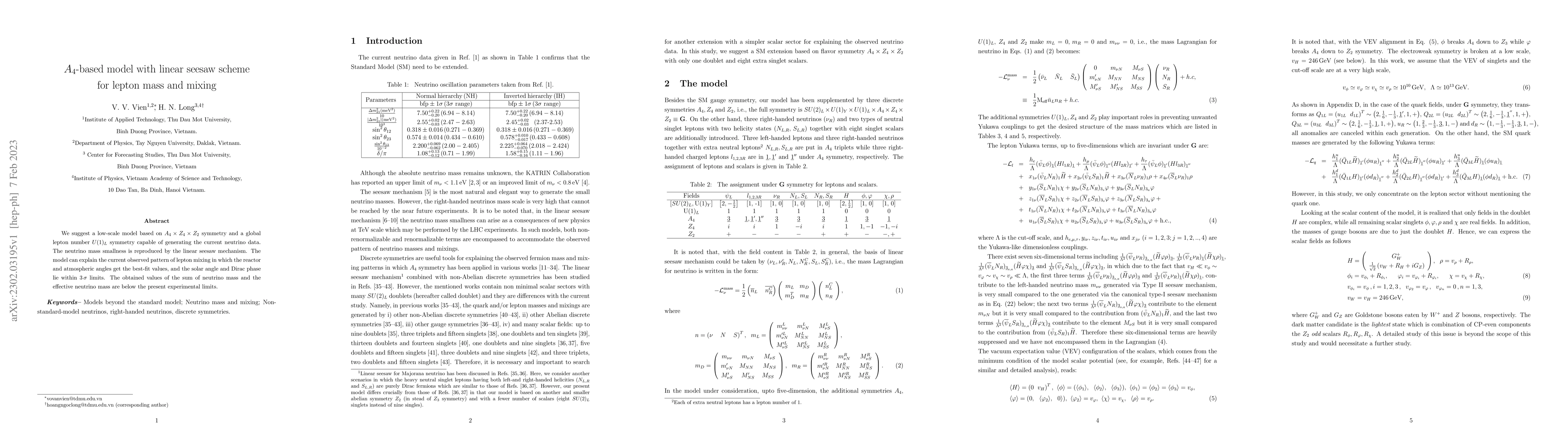 Thumbnail for $A_4$-based model with linear seesaw scheme for lepton mass and mixing