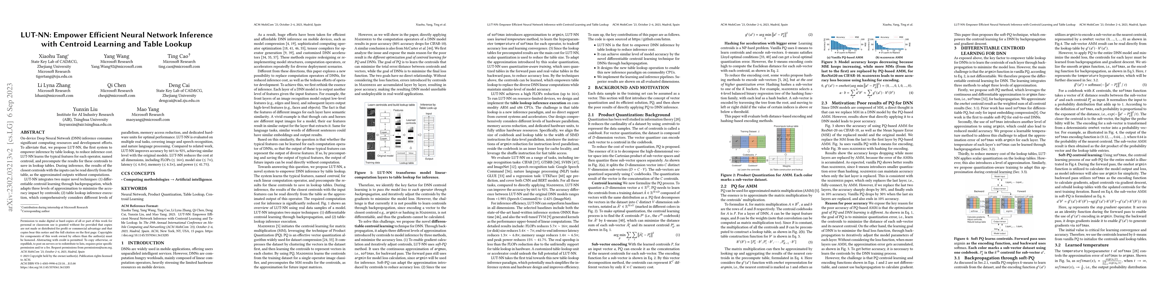 Thumbnail for LUT-NN: Empower Efficient Neural Network Inference with Centroid
  Learning and Table Lookup