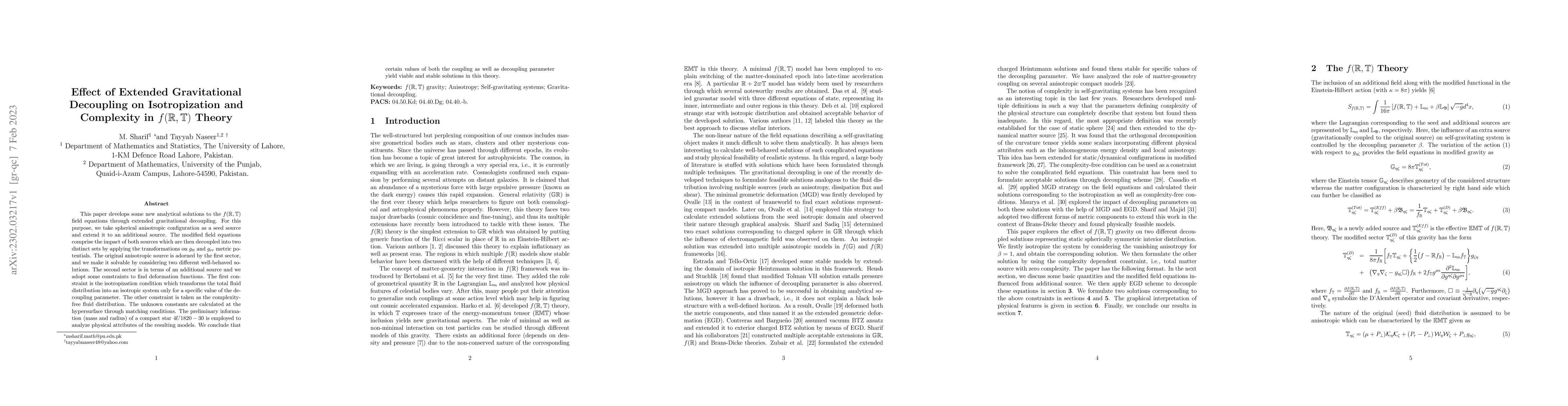Thumbnail for Effect of Extended Gravitational Decoupling on Isotropization and
  Complexity in f(\mathbb{R},\mathbb{T}) Theory