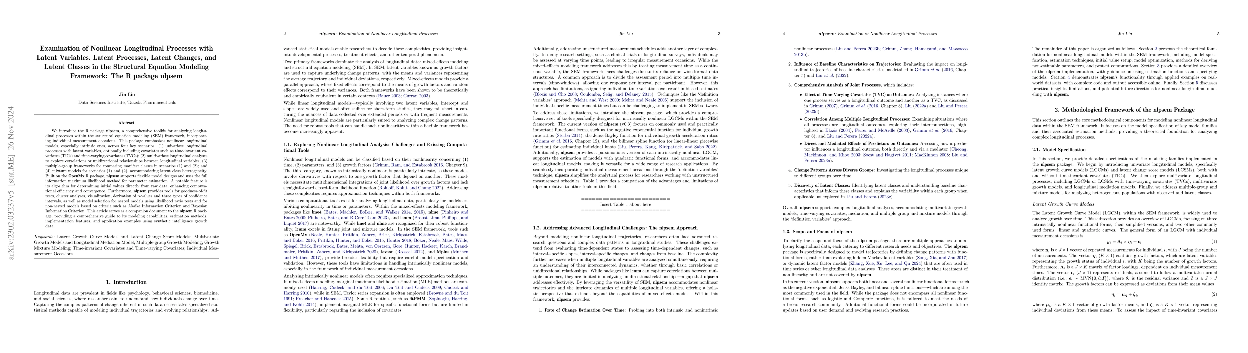 Thumbnail for Examination of Nonlinear Longitudinal Processes with Latent Variables,
  Latent Processes, Latent Changes, and Latent Classes in the Structural
  Equation Modeling Framework: The R package nlpsem