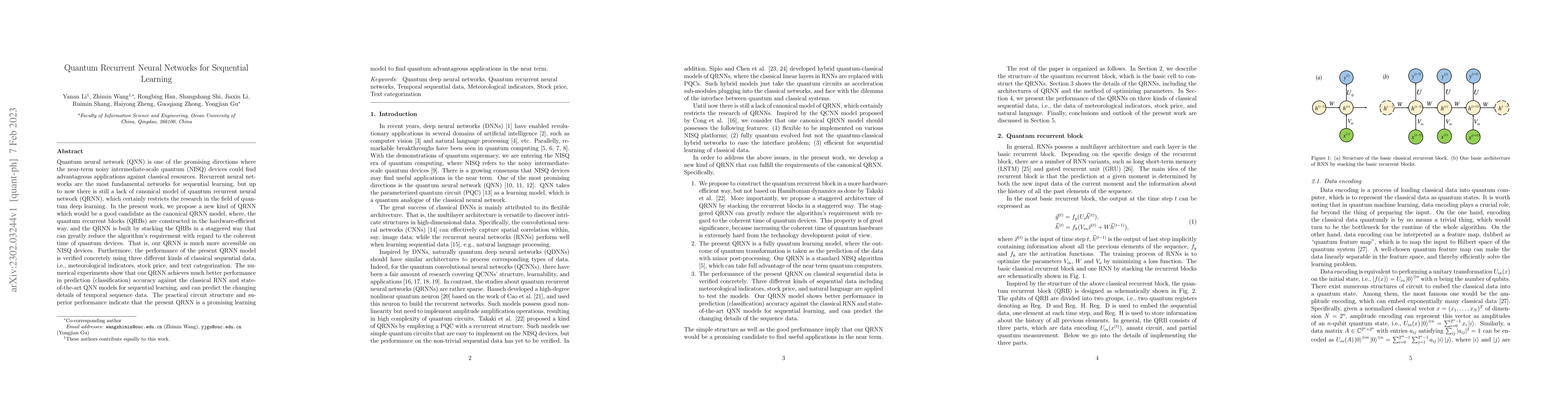 Thumbnail for Quantum Recurrent Neural Networks for Sequential Learning