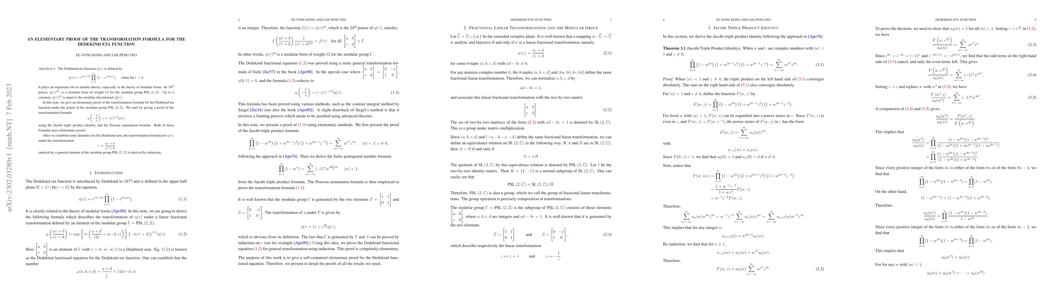 Thumbnail for An Elementary Proof of the Transformation Formula for the Dedekind Eta
  Function