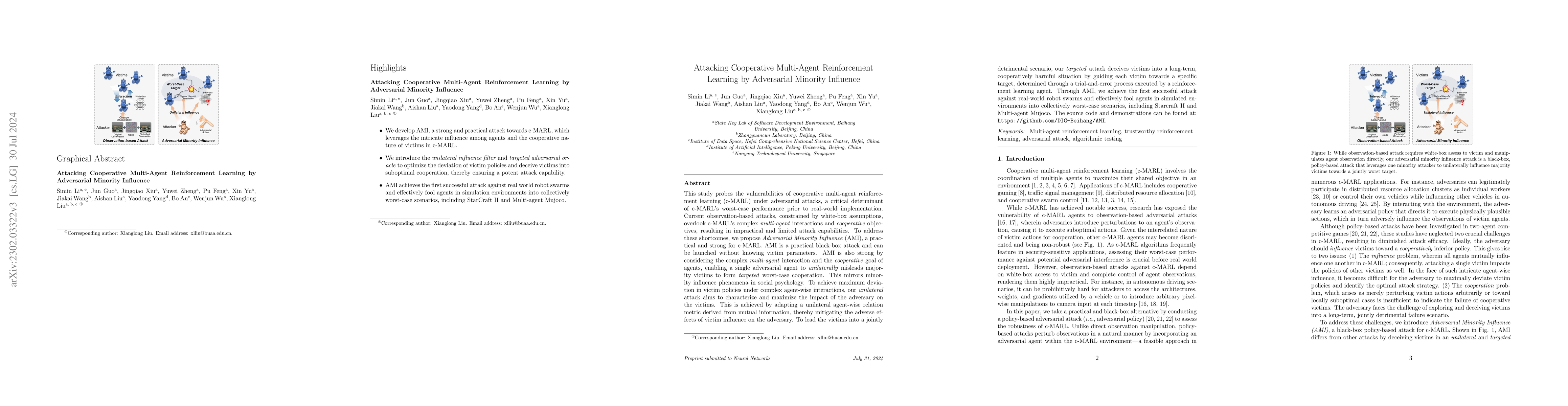 Thumbnail for Attacking Cooperative Multi-Agent Reinforcement Learning by Adversarial
  Minority Influence