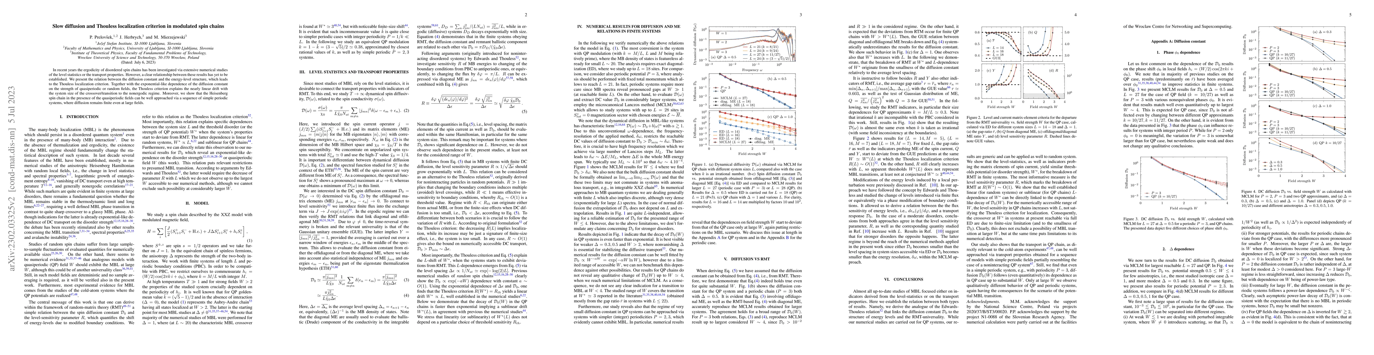 Thumbnail for Slow diffusion and Thouless localization criterion in modulated spin
  chains