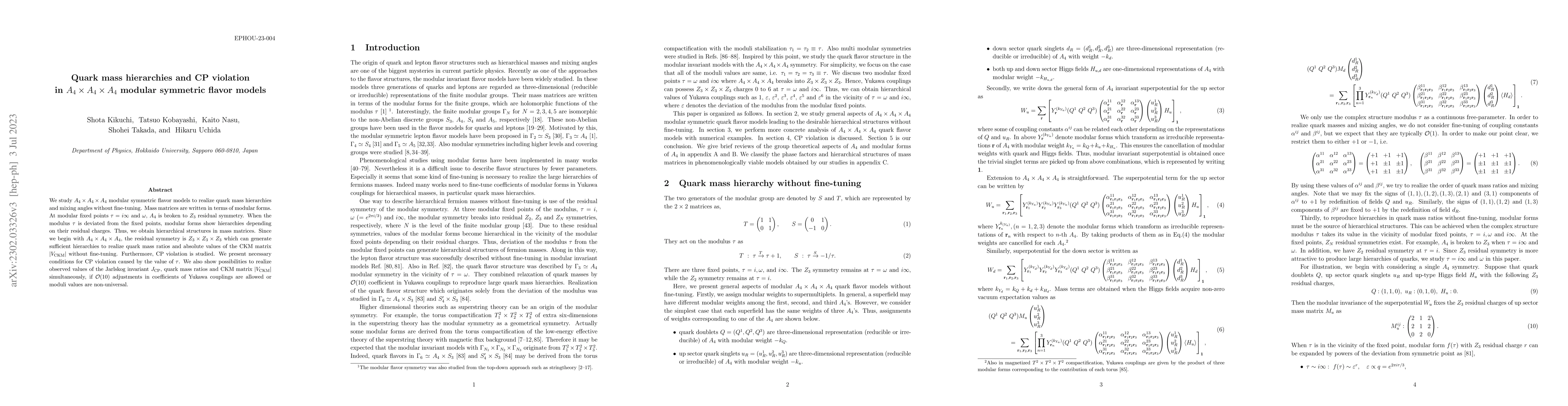 Thumbnail for Quark mass hierarchies and CP violation in $A_4\times A_4\times A_4$
  modular symmetric flavor models