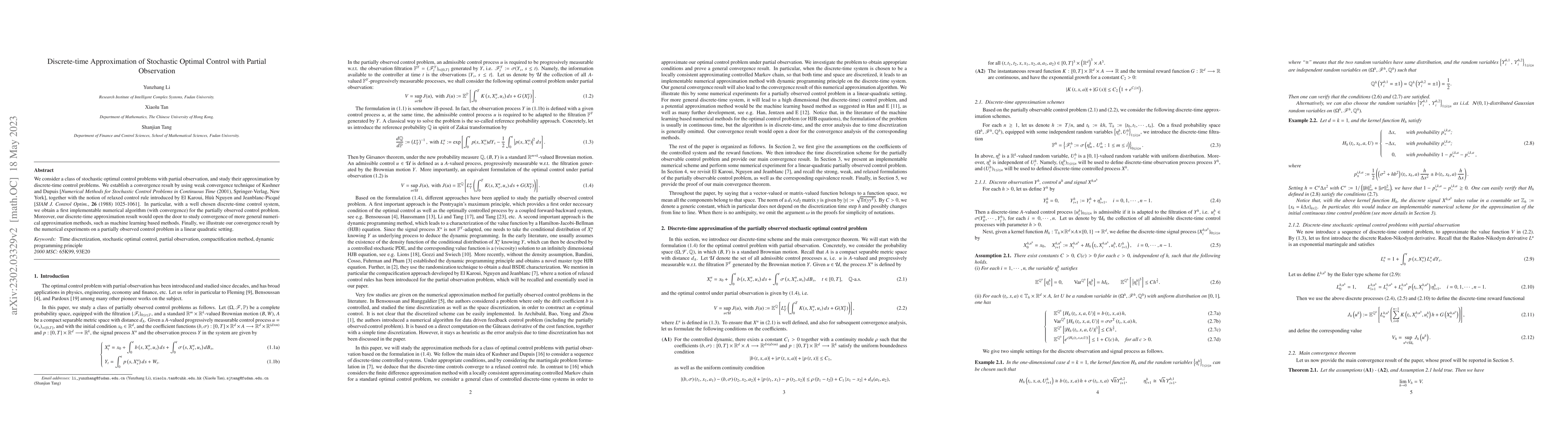 Thumbnail for Discrete-time Approximation of Stochastic Optimal Control with Partial
  Observation