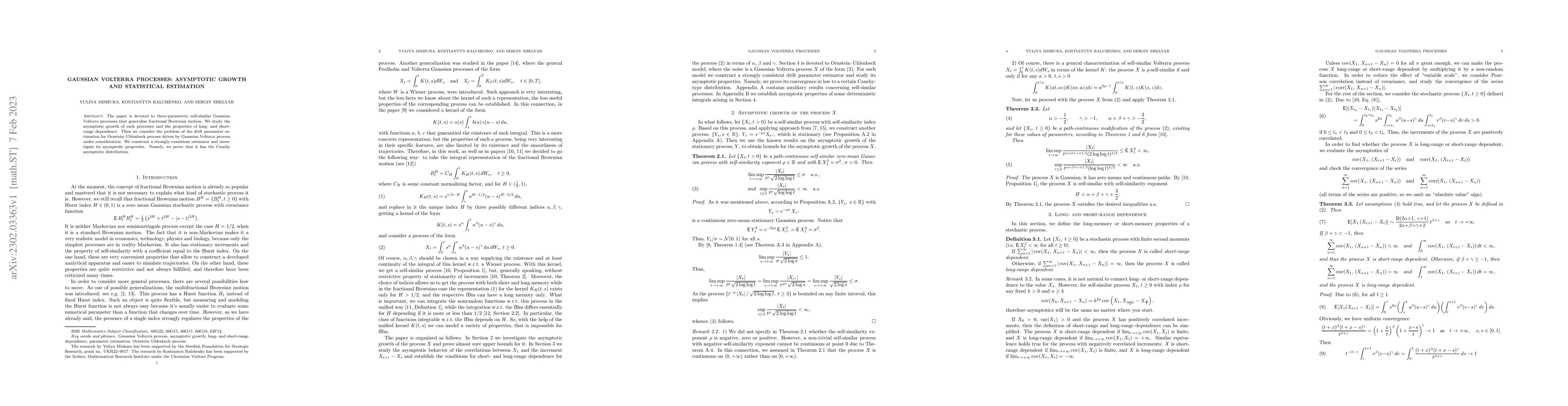 Thumbnail for Gaussian Volterra processes: asymptotic growth and statistical
  estimation