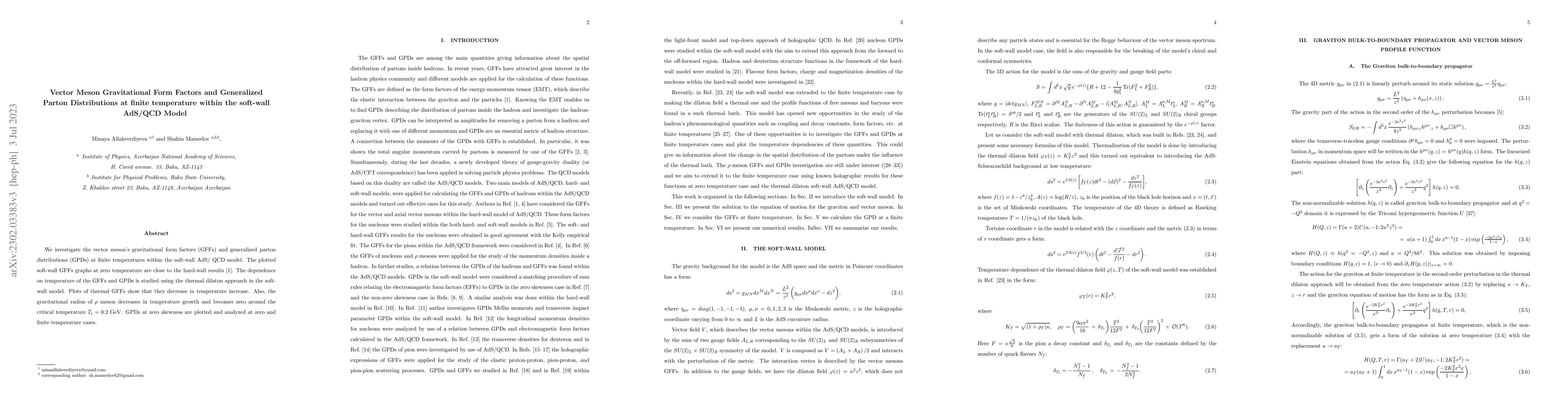 Thumbnail for Vector Meson Gravitational Form Factors and Generalized Parton
  Distributions at finite temperature within the soft-wall AdS/QCD Model