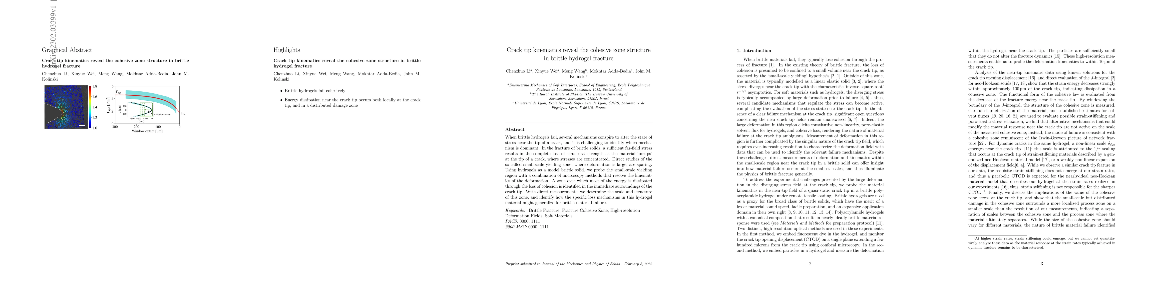 Thumbnail for Crack tip kinematics reveal the cohesive zone structure in brittle
  hydrogel fracture