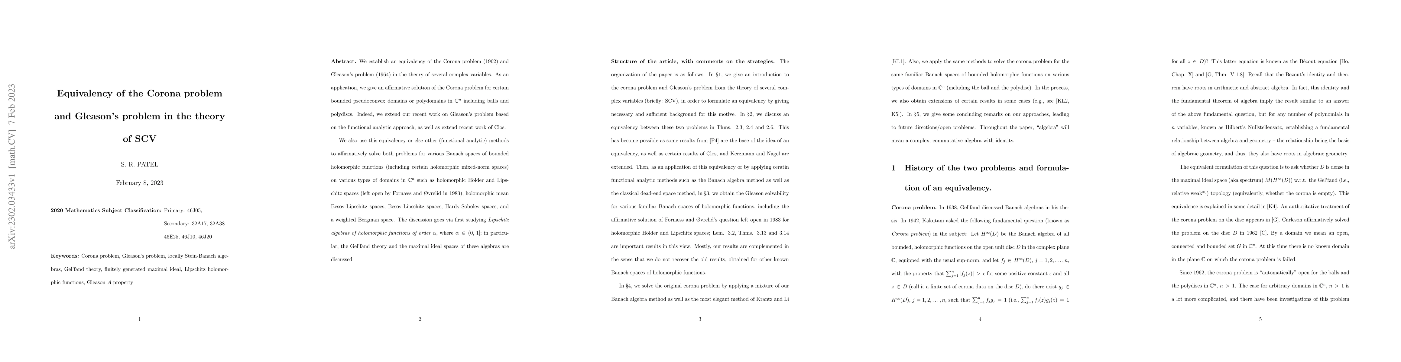 Thumbnail for Equivalency of the Corona problem and Gleason problem in the theory of
  SCV