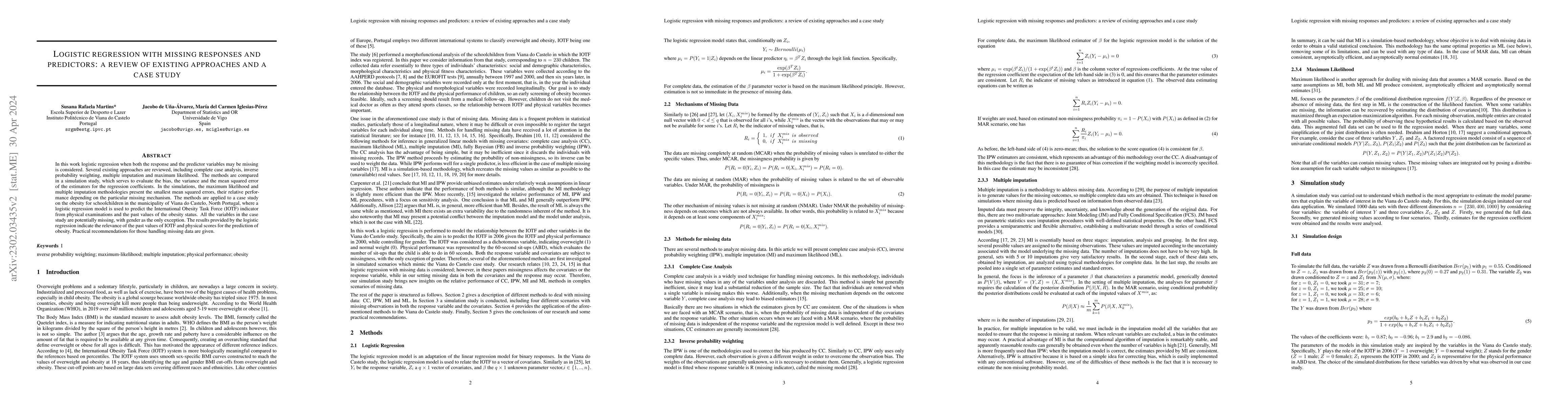 Thumbnail for Logistic regression with missing responses and predictors: a review of
  existing approaches and a case study