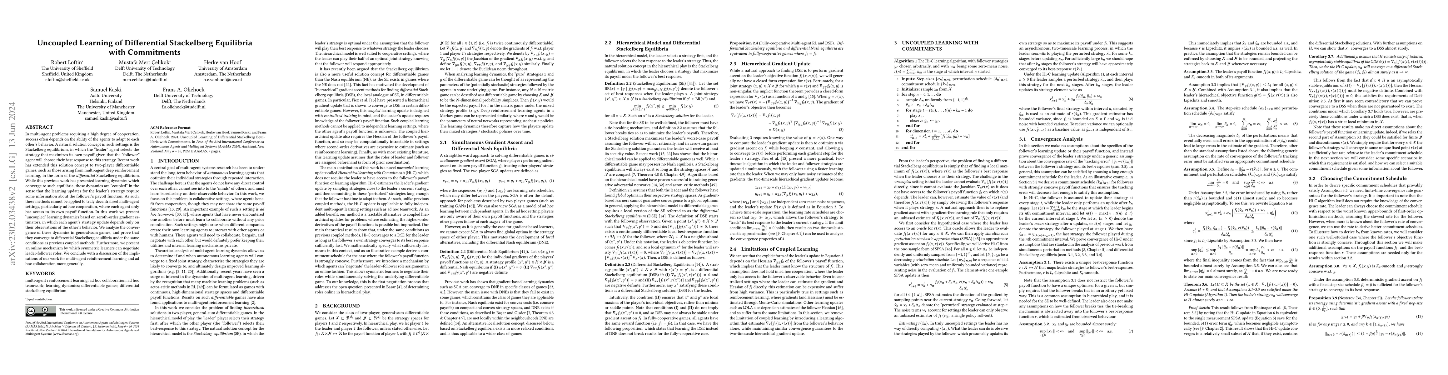 Thumbnail for Uncoupled Learning of Differential Stackelberg Equilibria with
  Commitments