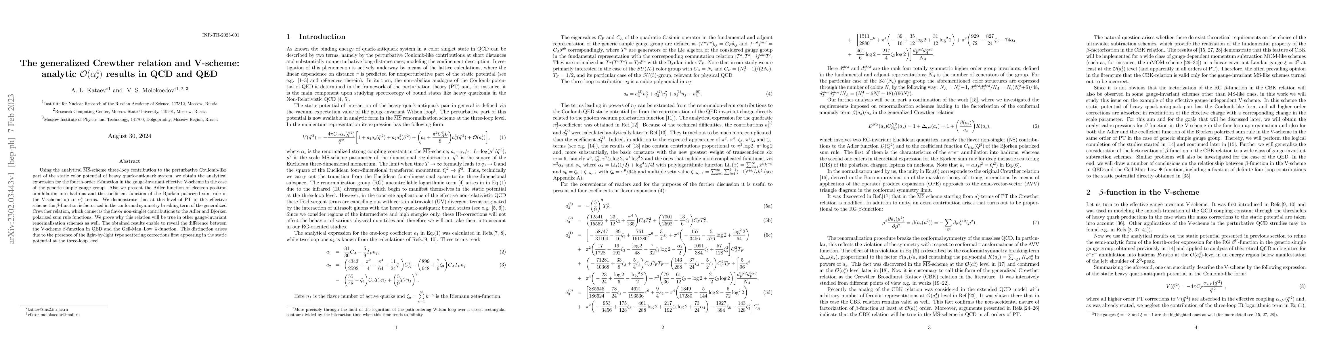 Thumbnail for The generalized Crewther relation and V-scheme: analytic $O(\alpha^4_s)$
  results in QCD and QED