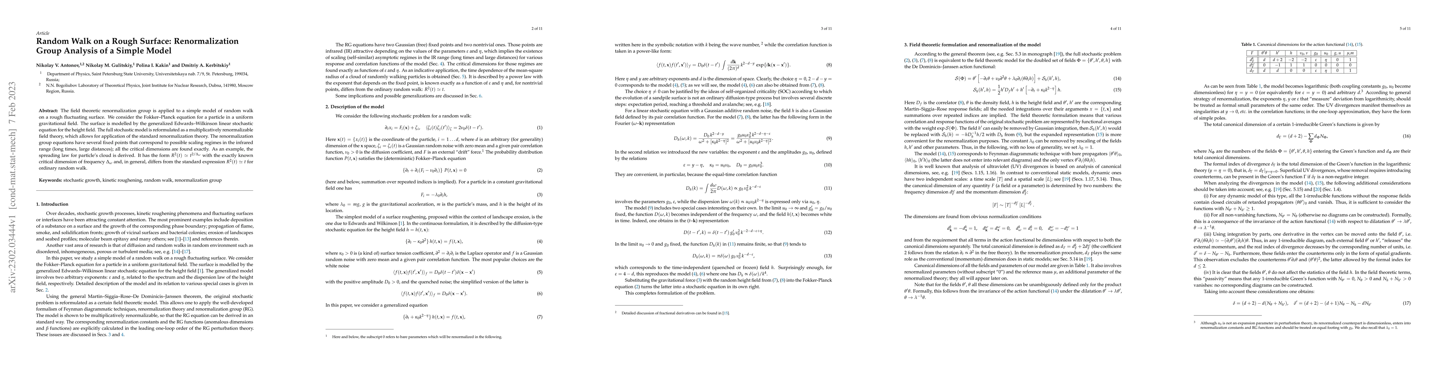 Thumbnail for Random Walk on a Rough Surface: Renormalization Group Analysis of a
  Simple Model