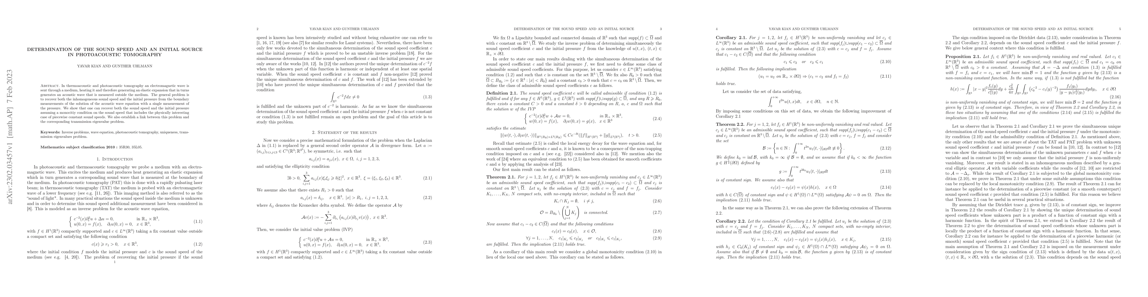 Thumbnail for Determination of the sound speed and an initial source in photoacoustic
  tomography