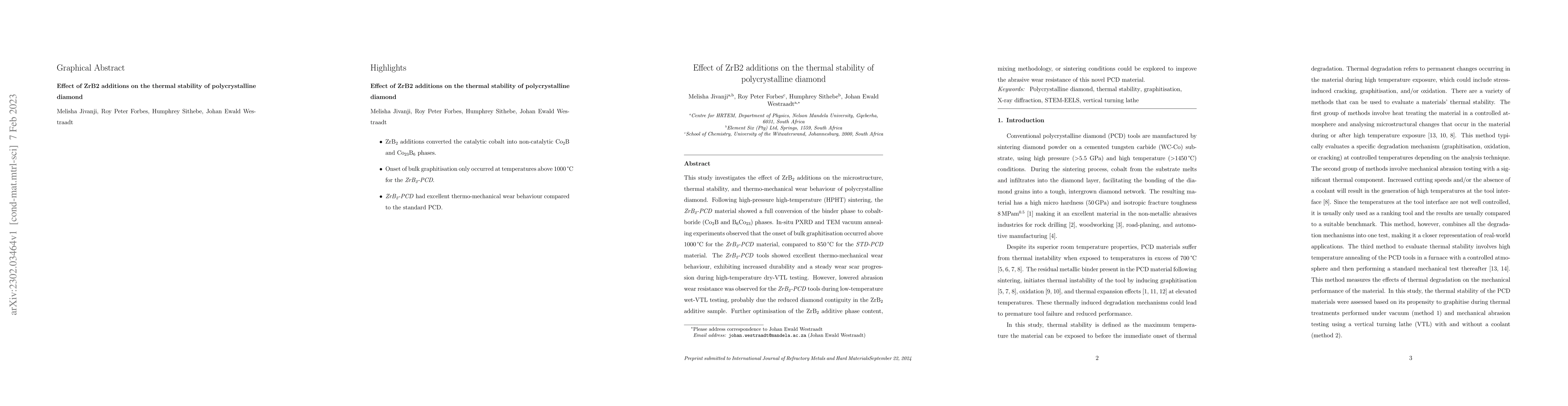 Thumbnail for Effect of ZrB$_2$ additions on the thermal stability of polycrystalline
  diamond