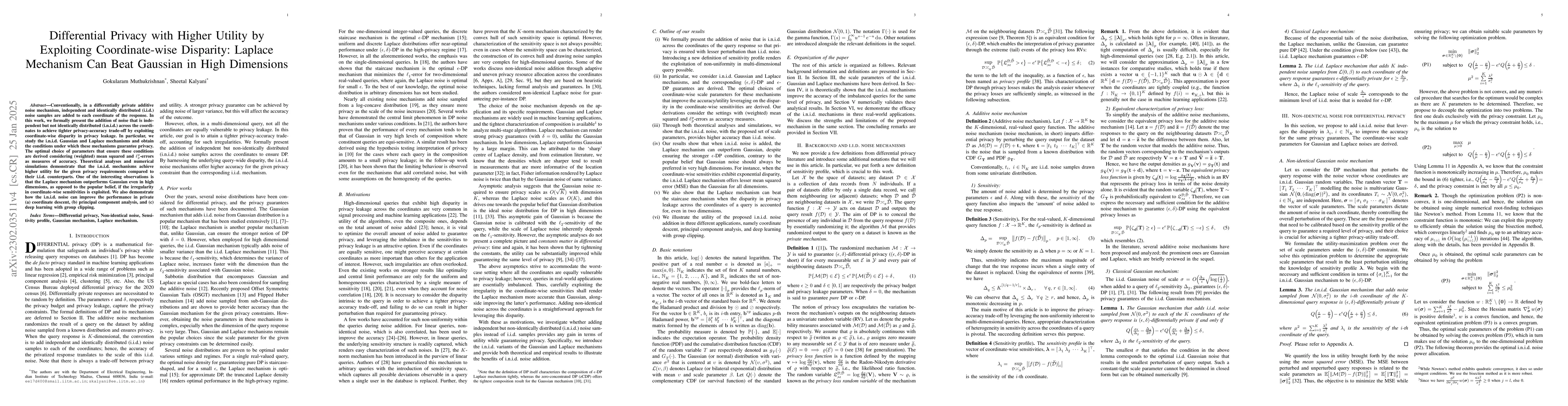 Thumbnail for Differential Privacy with Higher Utility by Exploiting Coordinate-wise
  Disparity: Laplace Mechanism can Beat Gaussian in High Dimensions