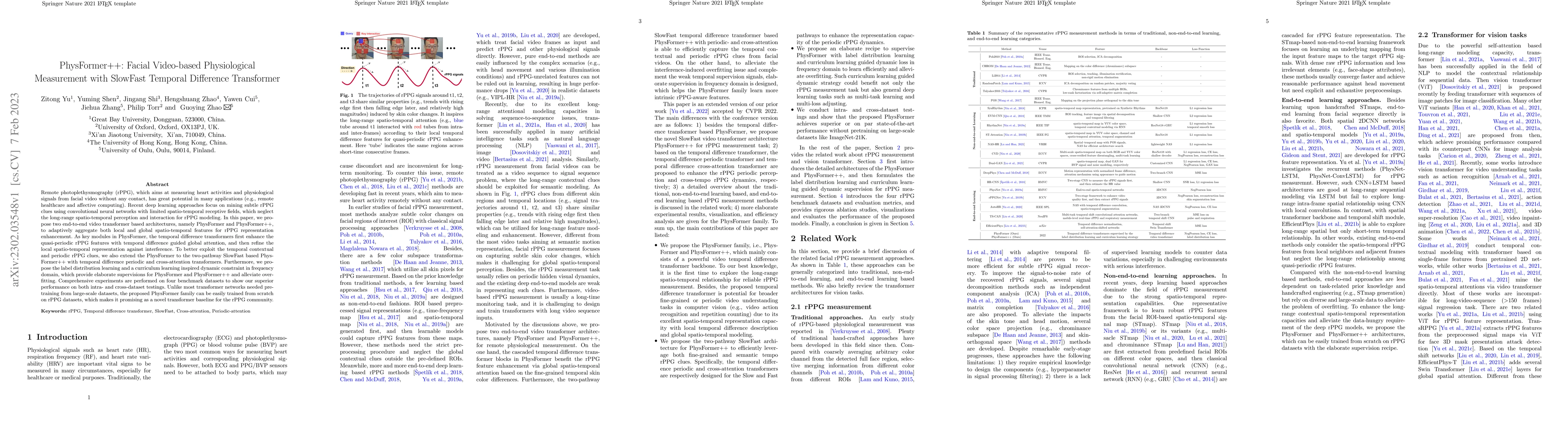 Thumbnail for PhysFormer++: Facial Video-based Physiological Measurement with SlowFast
  Temporal Difference Transformer