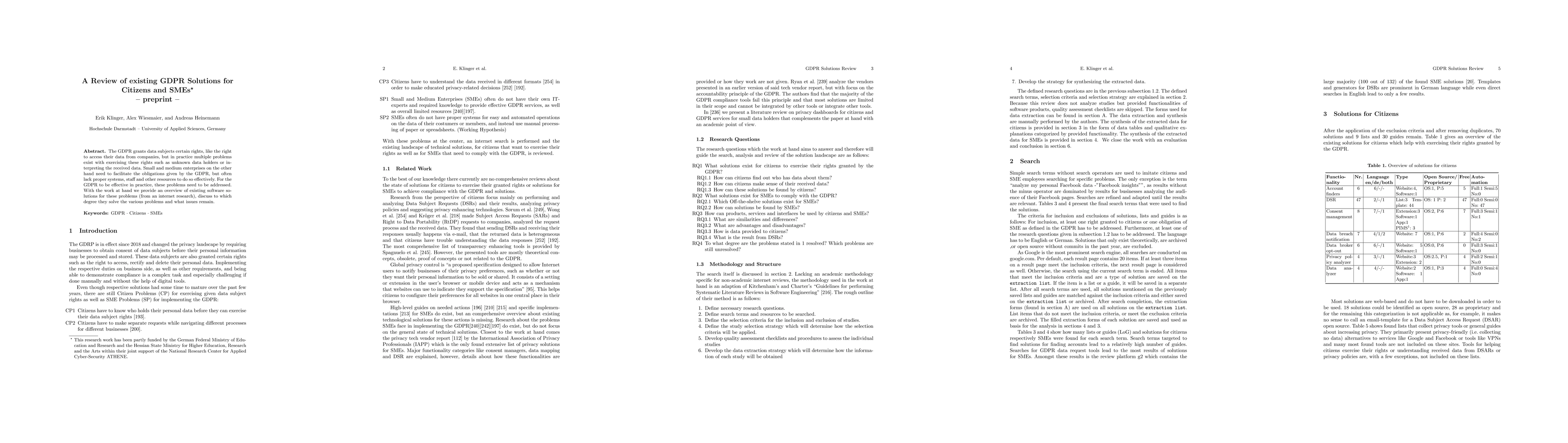 Thumbnail for A Review of existing GDPR Solutions for Citizens and SMEs