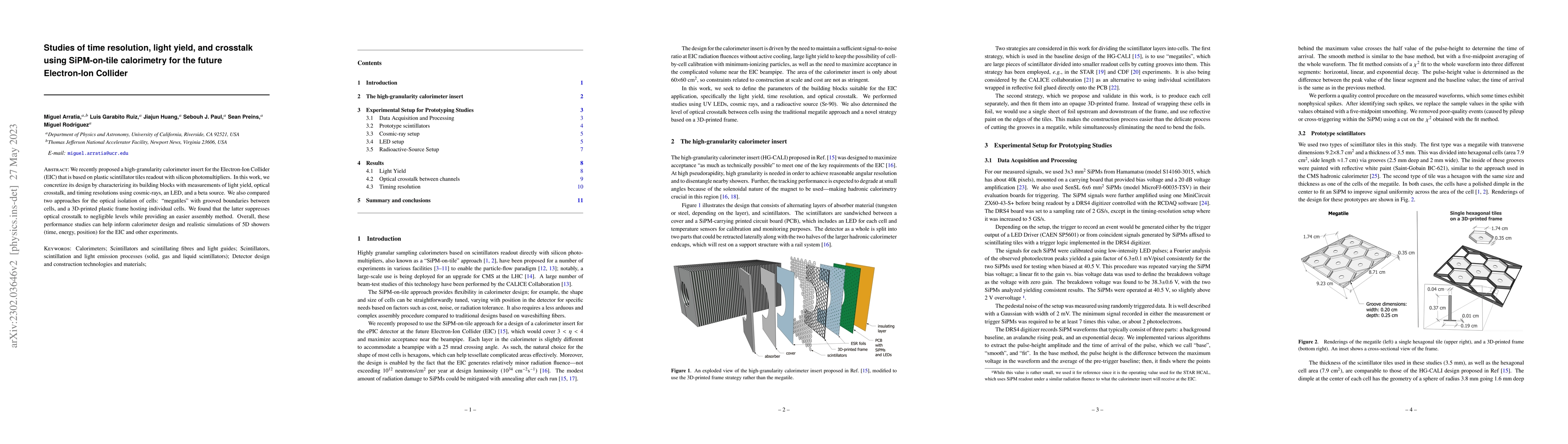 Thumbnail for Studies of time resolution, light yield, and crosstalk using
  SiPM-on-tile calorimetry for the future Electron-Ion Collider