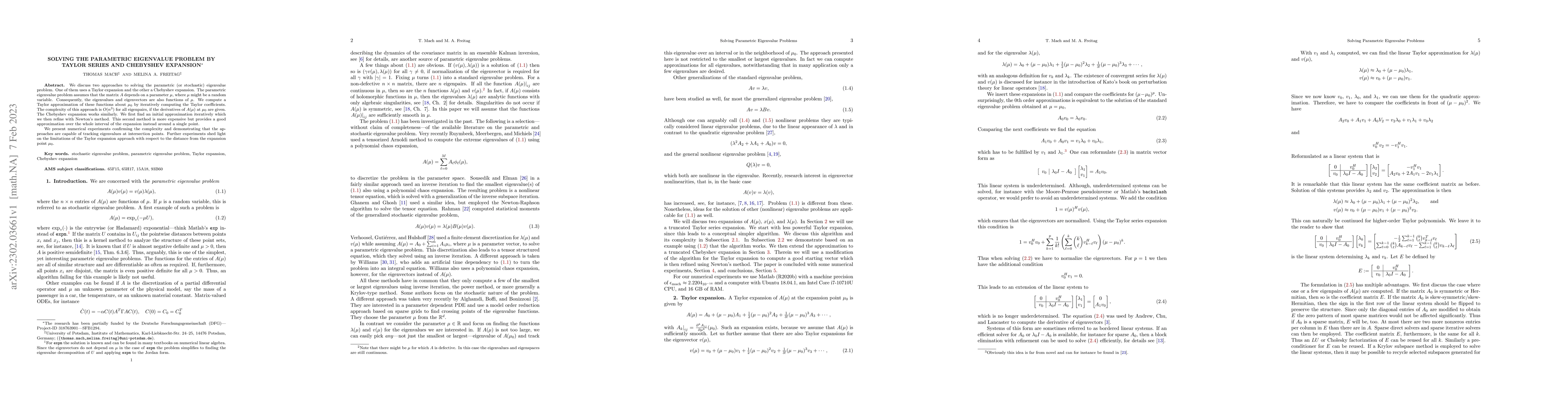 Thumbnail for Solving the Parametric Eigenvalue Problem by Taylor Series and Chebyshev
  Expansion