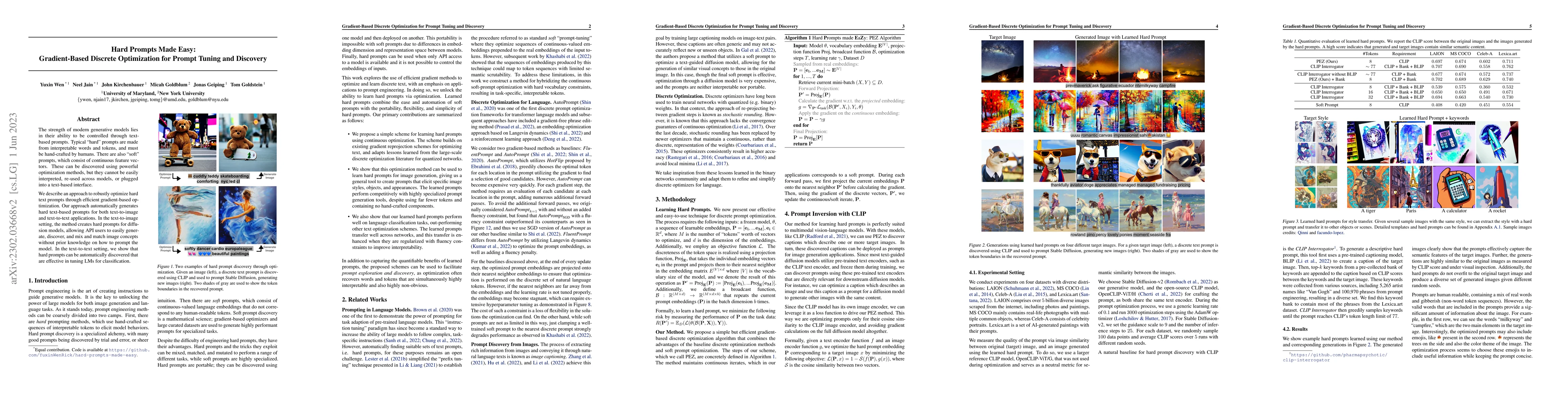 Thumbnail for Hard Prompts Made Easy: Gradient-Based Discrete Optimization for Prompt
  Tuning and Discovery
