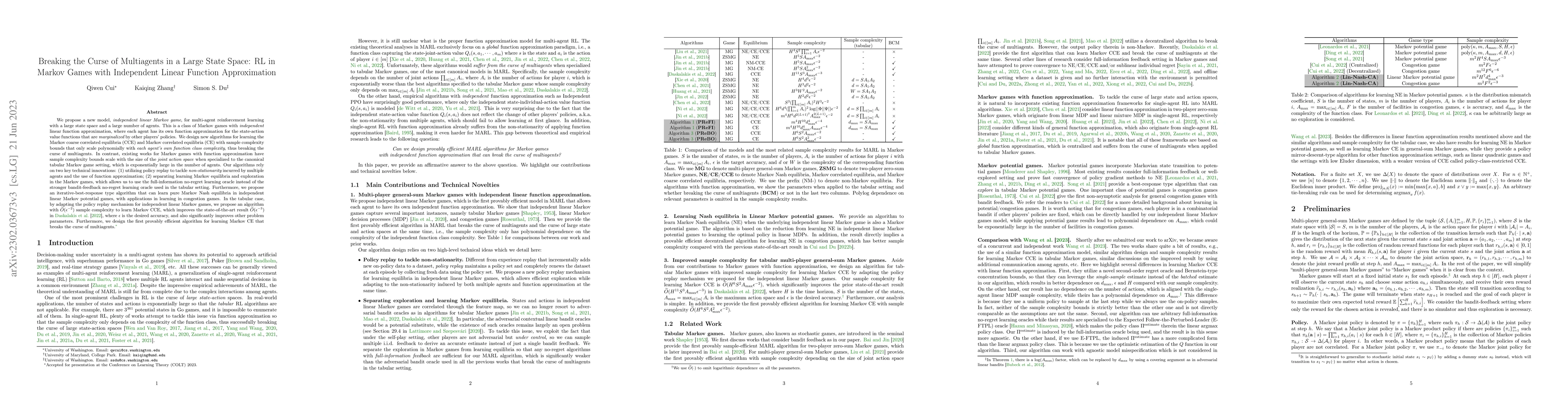 Thumbnail for Breaking the Curse of Multiagents in a Large State Space: RL in Markov
  Games with Independent Linear Function Approximation