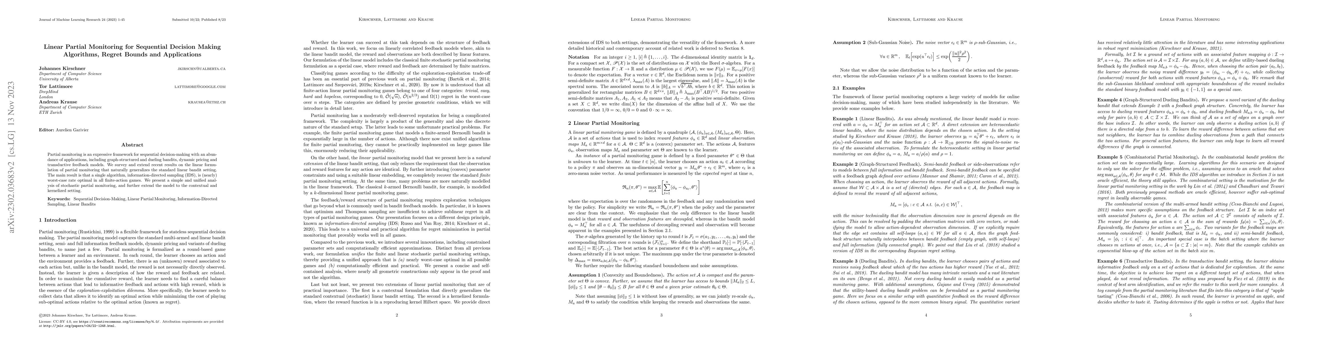 Thumbnail for Linear Partial Monitoring for Sequential Decision-Making: Algorithms,
  Regret Bounds and Applications