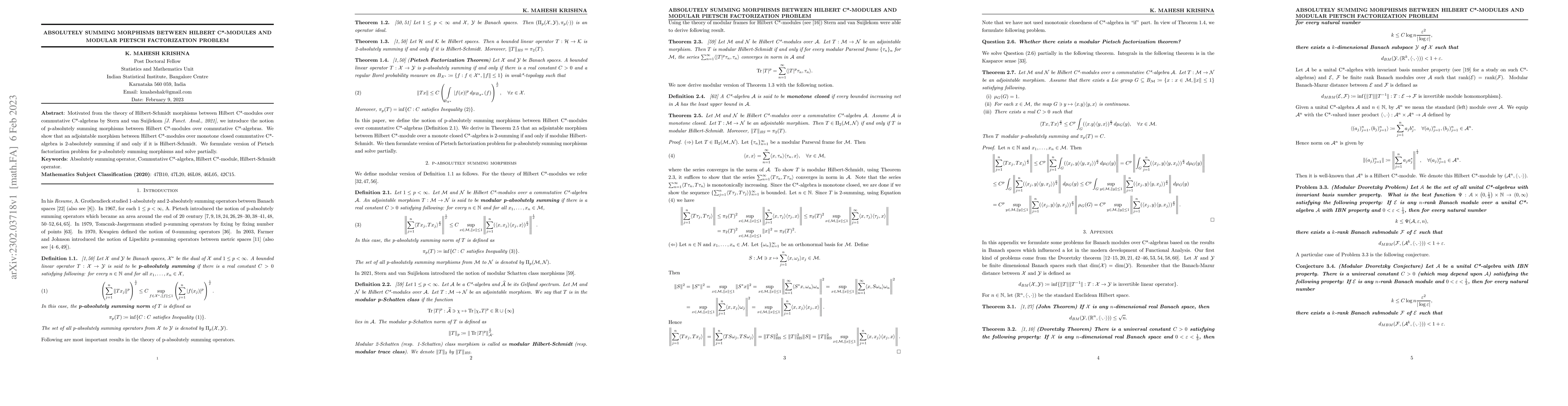 Thumbnail for Absolutely Summing Morphisms between Hilbert C*-Modules and Modular
  Pietsch Factorization Problem