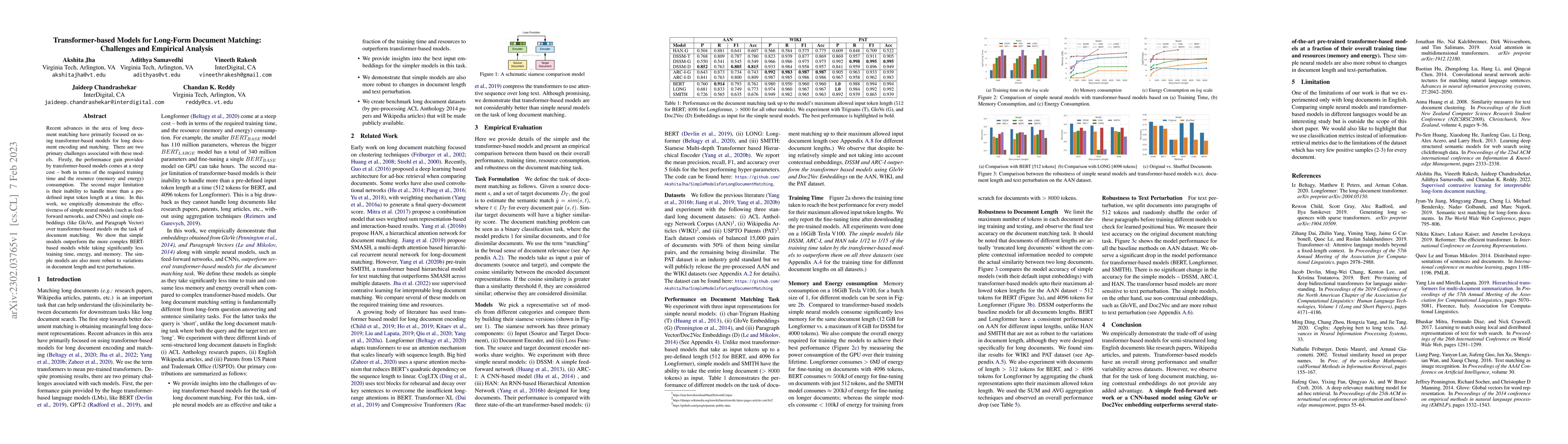 Thumbnail for Transformer-based Models for Long-Form Document Matching: Challenges and
  Empirical Analysis