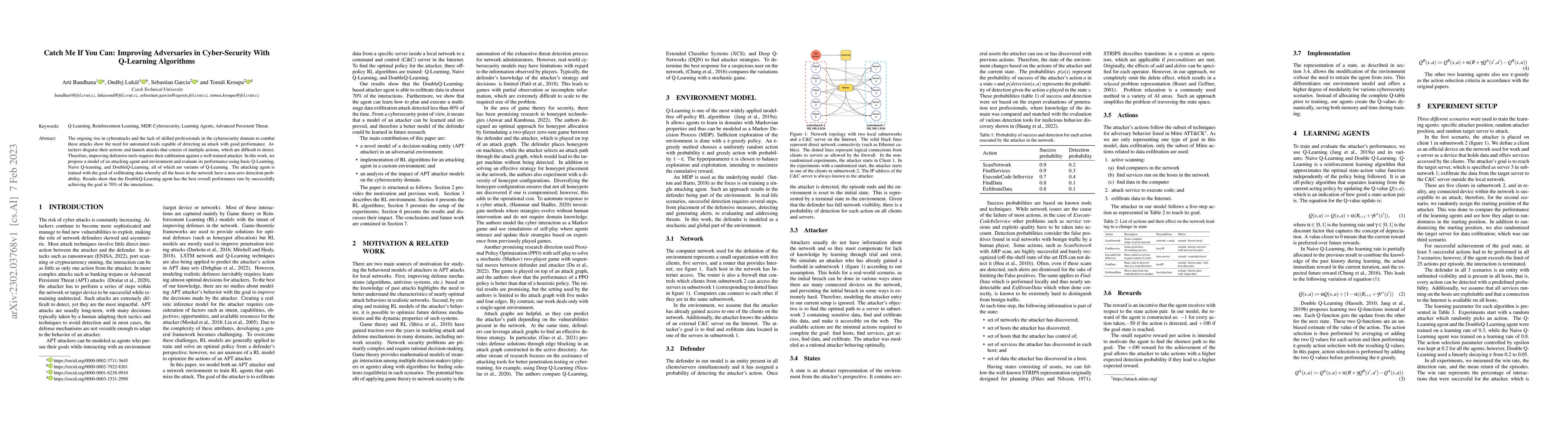 Thumbnail for Catch Me If You Can: Improving Adversaries in Cyber-Security With
  Q-Learning Algorithms